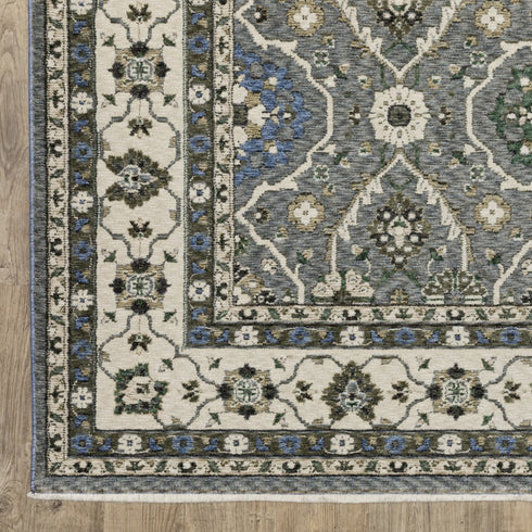 5' X 8' Blue And Gray Oriental Area Rug With Fringe